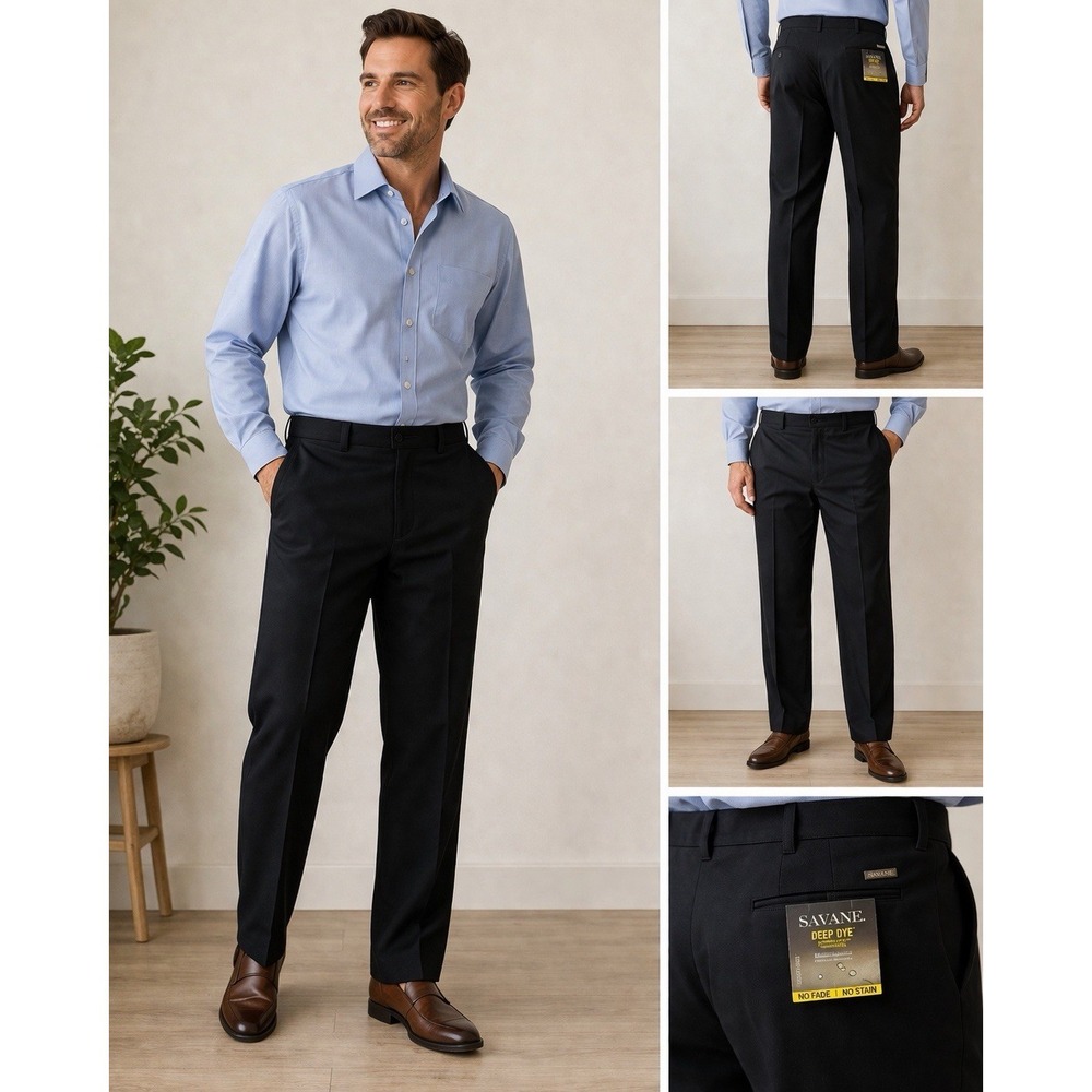 Men's 44 X 32L Deep Dye Savane Black Pants, Wrinkle Free, Permanent Crease
